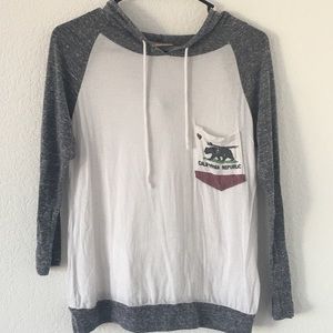 Gray and White 3/4 Sleeve Shirt with Hood
